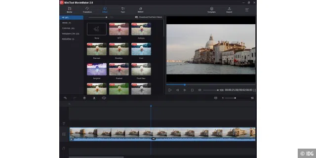 Das Minitool Movie Maker bietet Ihnen auf einer einfach gehaltenen Oberfläche die wichtigsten Werkzeuge für die Zusammenstellung und Bearbeitung eigener Videos an. Auch verschiedene Effektfilter sind in das Programm integriert.
