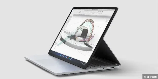 Beim Surface Laptop Studio lässt sich das Display über ein spezielles Drehgelenk in die optimale Position für Tastatur-, Touch- oder Stifteingaben bringen.