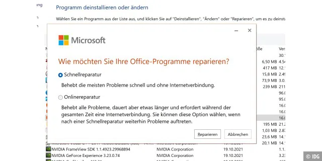 Die Reparatur von Office kann auch Probleme mit Outlook beheben.