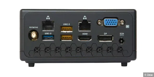 Reichlich Schnittstellen: Bei Mini-PCs (hier ein älteres Zotac-Modell) gehören USB, HDMI, Displayport und Ethernet meist zum Standard.