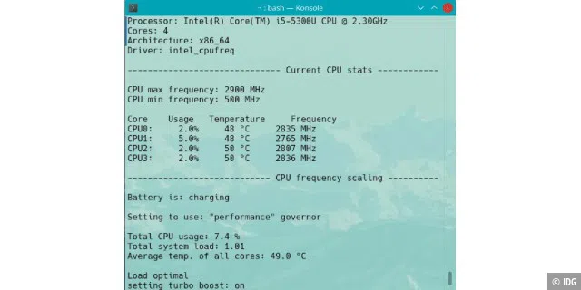 Optimale Prozessorleistung bei angeschlossenem Ladekabel: Auto- Cpufreq sorgt dafür, dass die höchste CPULeistung über den Modus „Performance Governor“ zur Verfügung steht.