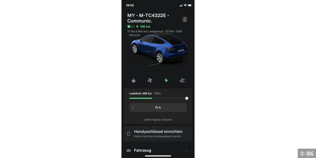 So zeigt die Tesla-App das Laden an der 230-Volt-Haushaltssteckdose an.