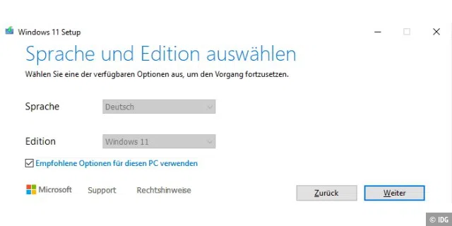 Installationsmedium herunterladen: Über das Microsoft Media Creation Tool lädt man eine ISO-Datei mit Windows 11 herunter, die dann der Installation auf einem USB-Stick dient.
