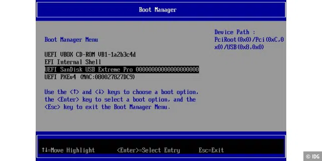 Bootlaufwerk in Virtualbox: Von welchem virtuellen Laufwerk Virtualbox startet, legt man im Efi-Setup fest. Der Bootmanager lässt sich über die Esc-Taste aufrufen.