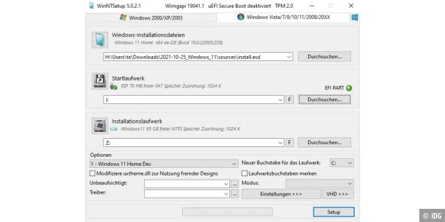 Windows To Go in der VHD-Datei: Win NT Setup extrahiert das Windows-11-Abbild auf die virtuelle Festplatte und richtet die Uefi-Bootumgebung auf dem Startlaufwerk ein.