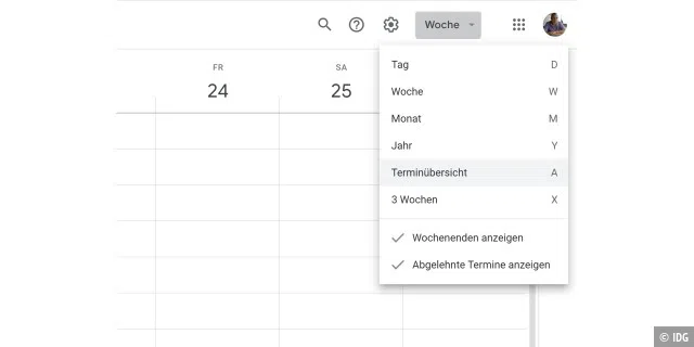 Aktivieren der Terminübersicht für den Google Kalender