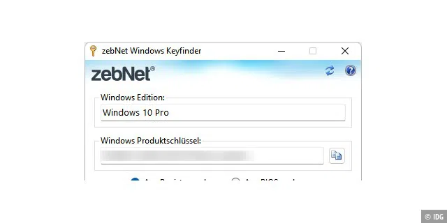 Das Programm Zeb Net Windows Keyfinder macht genau das, was sein Name verspricht: Es zeigt den Windows-Schlüssel an und kann diesen auch ausdrucken oder in eine Textdatei speichern.