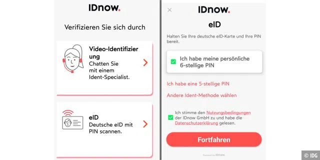 Idnow ist einer der zertifizierten, für Online-Identifizierung zugelassenen Dienstleister. Die Option „eID“ (links) startet die Fernauthentifizierung per Personalausweis.