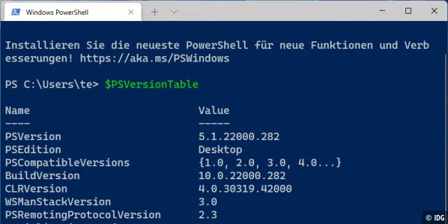 Version prüfen: Der Befehl $PSVersionTable gibt Informationen zur Powershell aus. Unter Windows 11 ist standardmäßig Powershell in der Version 5.1 installiert.