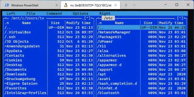 Das Beste aus beiden Welten: Im Windows-Terminal lässt sich auch die Bash- Shell nutzen. Darin lässt sich beispielsweise der Linux- Dateimanager Midnight Commander starten.