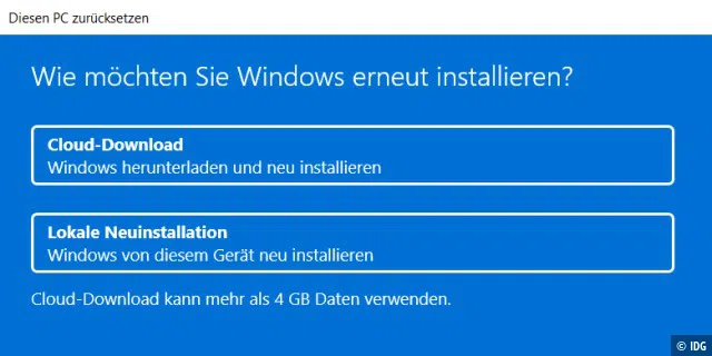 Neuinstallation: Bei der Wiederherstellung per Cloud-Download nutzt Windows 11 frische Dateien und Updates. Dadurch lassen sich Fehler vermeiden, die defekte Systemdateien verursachen können.