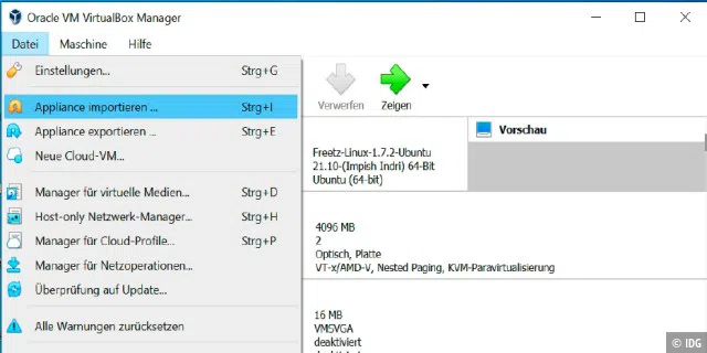 Ein fertiges Linux-System zum Erstellen der Freetz-Firmware lässt sich im OVA-Format aus dem Internet laden. In Virtualbox können Sie es direkt per Doppelklick oder über „Datei –› Appliance importieren“ einbinden.