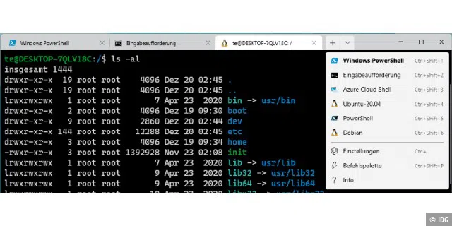 Bash-Shell für Linux: Im Windows-Terminal lassen sich Powershell, Eingabeaufforderung und Linux-Shell in Tabs öffnen und man kann bequem zwischen den Sitzungen wechseln.