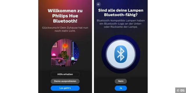 Im App-Store auf Ihrem Smartphone gibt es zwei Hue-Apps: Die klassische Hue-App für die Hue-Bridge und die Hue-Bluetooth-App (im Bild zu sehen) für die Lampensteuerung über Bluetooth.
