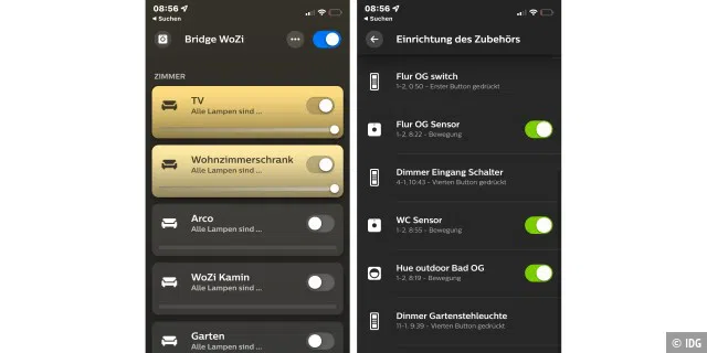 Die Hue-App zeigt eine Übersicht aller mit der Bridge verbundenen Hue-Lampen und Zubehörgeräte an.