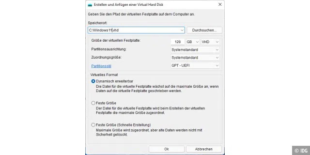 VHD-Datei erstellen: Windows lässt sich auch auf einer virtuellen Festplatte installieren. Konfigurieren Sie diese groß genug, damit genügend Platz für Updates und Anwendungen bleibt.
