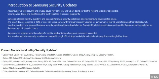 Samsung bietet für seine Topmodelle immerhin drei Versionsupdates und monatliche Sicherheitsupdates für vier Jahre. Ältere Geräte bekommen viertel- oder halbjährliche Updates.