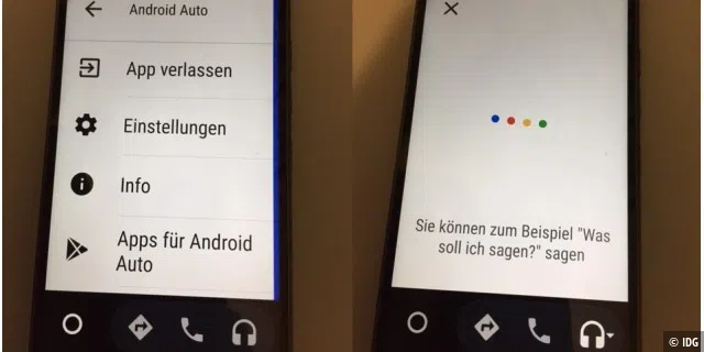 Android Auto stand-alone nur auf dem Smartphone: links die Einstellungen, rechts die Sprachsteuerung.