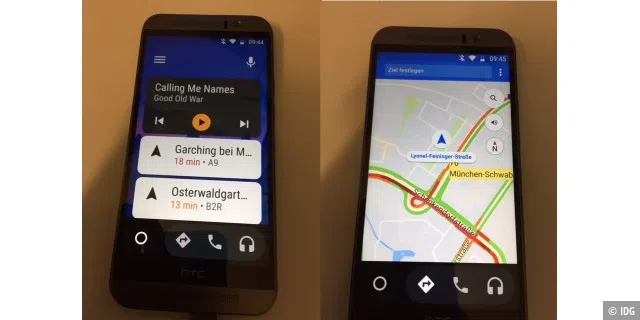 Android Auto stand-alone nur auf dem Smartphone: links der Home Screen, rechts Google Maps.