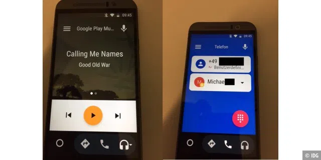 Android Auto stand-alone nur auf dem Smartphone: links Google Play Music, rechts Telefonie.