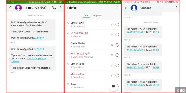 Das sind die Spuren auf dem Android-Smartphone: Anrufe und Nachrichten von unbekannten Nummern aus dem Ausland. Danach war der WhatsApp-Account gekapert.