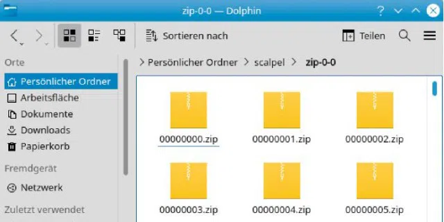 Ausgrabungen: Das gründliche Scalpel hat hier Zip-Dateien wiederhergestellt. Wir suchen nach einer Libre-Office- Datei und müssen manuell auf passende Dateitypen testen.