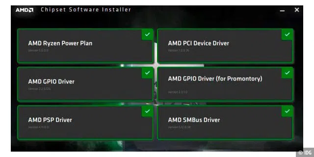 Treiberpakete vom Hersteller lassen sich oftmals über bequeme Installationsroutinen auf das System bringen. Welche Bereiche die Treiber umfassen, ist übersichtlich dargestellt – hier: AMDs CPU-Update.
