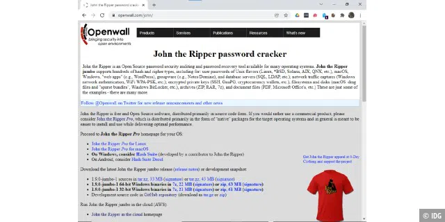 Sie können John the Ripper kostenlos von der Website des Openwall Project herunterladen. Die Software ist in einer kostenpflichtigen Pro- und einer kostenlosen Jumbo-Version für Windows erhältlich.