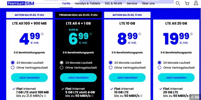 Der Tarif „LTE All 100“ von PremiumSIM für 4,99 Euro im Monat bietet 100 MB pro Monat mit 21,6 MBit/s Downund 11,2 MBit/s Upload-Tempo. Der Anbieter hat jedoch immer wieder Angebote, auf die es sich zu warten lohnt.