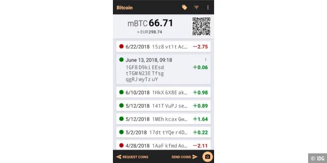 So sieht die klassische Bitcoin Wallet für Android aus. Sie zeigt den aktuellen Wert der Wallet in Bitcoin und Euro an sowie die letzten Transaktionen. Der QR-Code dient als Adresse der Wallet.