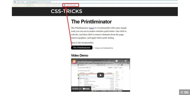 Printliminator ist ein Browser-Bookmarklet zur Druckoptimierung von Webseiten.