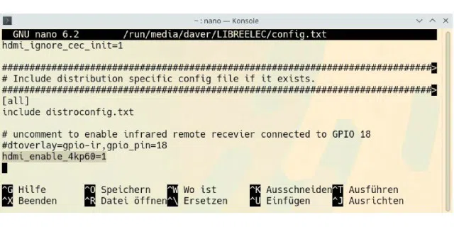Die Konfigurationsdatei „config.txt“: Nach der Übertragung von Libre Elec auf eine Speicherkarte liegt diese Datei auf der Bootpartition (Fat32), wo sie sich leicht bearbeiten lässt.