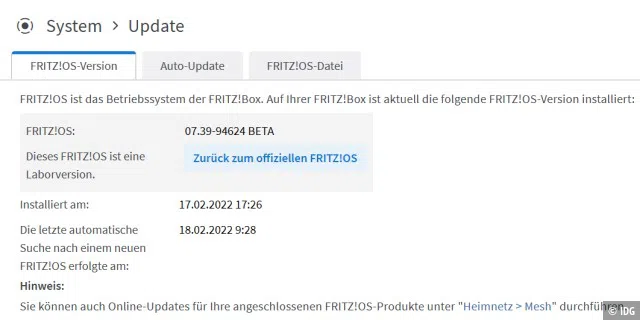 Von der Labor-Firmware kommen Sie mit wenigen Klicks wieder zum offiziellen Fritz-OS zurück. Anders herum lassen sich aber auch neue Laborversionen ganz einfach installieren.