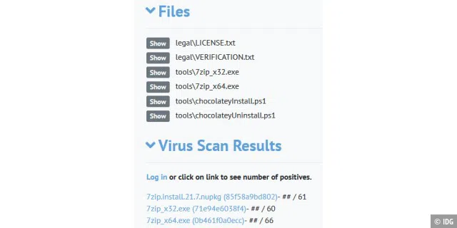 Was steckt im Softwarepaket? Im Paketverzeichnis lassen sich Detailinfos aufrufen. Man erfährt, welche Dateien zum Paket gehören und was der letzte Virenscan ergeben hat.
