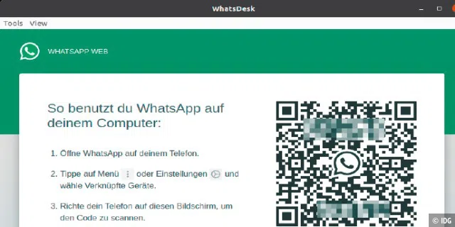 Messenger auf dem PC: Whatsapp und Whatsapp- Web müssen mit der Smartphone-App verknüpft werden. Dabei hilft ein QR-Code, den man auf dem Smartphone einscannt.
