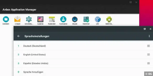 Android in Fenstern: Über den Anbox Application Manager lassen sich Android-Apps starten, die inklusive der „Einstellungen“ in nicht skalierbaren Fenstern laufen.
