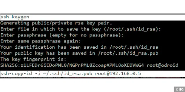 SSH ohne Kennwortabfrage: Der Clientrechner muss einen Schlüssel erzeugen (ssh-keygen), der dann zum Server kopiert wird (ssh-copy-id).