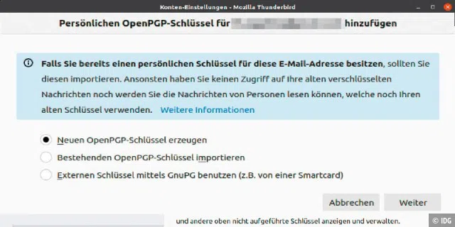 PGP-Schlüssel: Neue Open-PGP-Schlüssel erstellen Sie über einen Assistenten in Thunderbird. Wer bereits PGP-Schlüssel besitzt, kann diese für das Konto importieren.