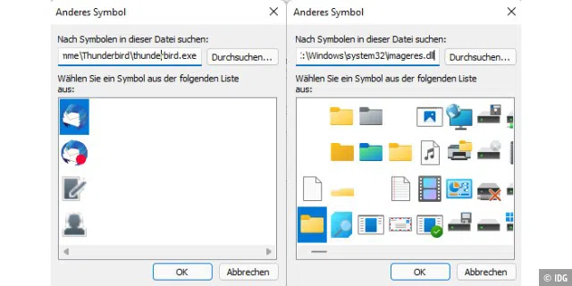 Während für das Mailprogramm Thunderbird links nur vier Desktopsymbole zur Verfügung stehen, sind es für die Ordneransicht in der DLL-Datei imageres.dll mehrere Dutzend.