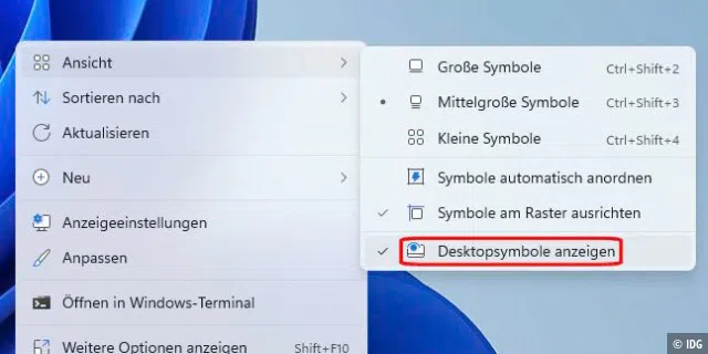 Wenn plötzlich alle Icons auf dem Desktop verschwunden sind, ist die Lösung im Kontextmenü des Desktops über „Ansicht“ und „Desktopsymbole anzeigen“ nur drei Mausklicks entfernt.