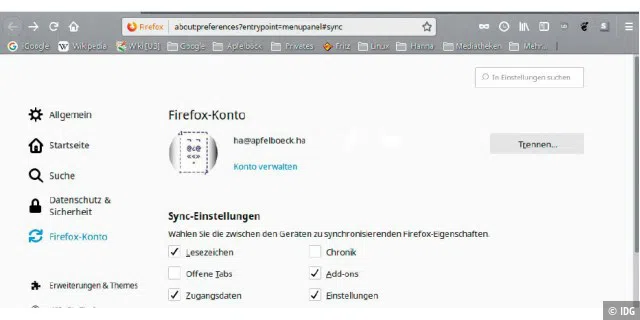 Leichte Übung Browserumzug: Die Synchronisierung in Chrome und Firefox sorgt für plattformübergreifende Vereinheitlichung. Den Umfang bestimmen Sie selbst (hier unter Firefox).