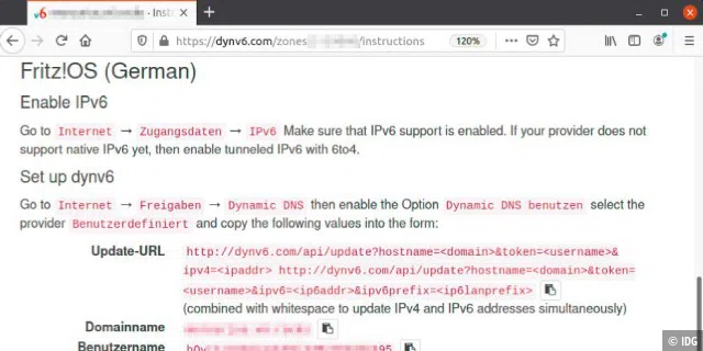 Konfiguration für Dynv6: Der Anbieter zeigt eine personalisierte Anleitung für die Fritzbox. Über IPv6 ist aber auch hier nur die Fritzbox erreichbar – und kein Server im Netz.