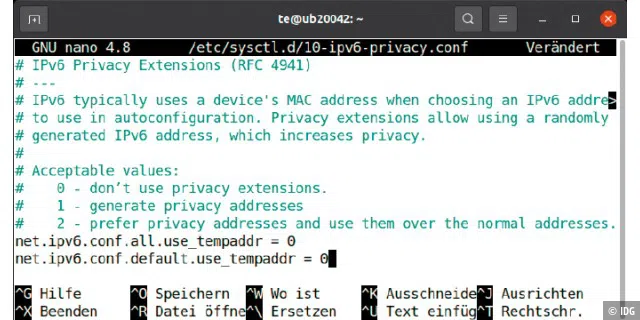 Unveränderliche Adresse: Wenn man die Privacy Extensions in der Datei „10-ipv6-privacy. conf“ abschaltet, bleibt die IPv6 gleich. Im Internet ist der PC dann allerdings identifizierbar.