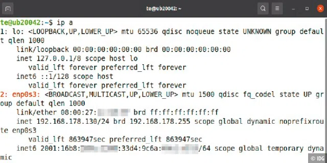 Adaptercheck im Terminal: Der Befehl „ip a“ gibt Informationen zu allen Netzwerkadaptern aus. Hinter „inet“ steht die IPv4-Adresse, hinter „inet6“ erfährt man die IPv6-Adressen.