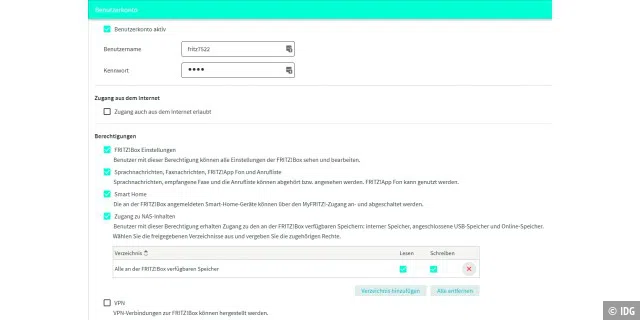 Die Fritzbox weist dem automatischen Benutzerkonto bestimmte Rechte zu. Für Einsatzzwecke (VPN-Zugang) müssen Sie einen zusätzlichen Benutzer einrichten.