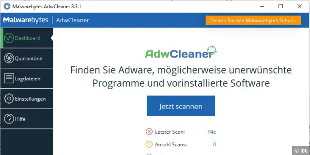 Adwcleaner präsentiert nach dem Start eine aufgeräumte Oberfläche. Nach einem Klick auf „Jetzt scannen“ durchforstet das Programm Ihr Windows-System und sucht nach potenziell unerwünschten Programmen.