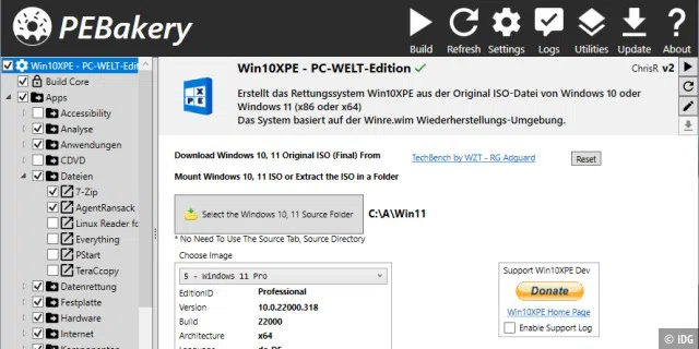 Windows-Installationsdateien: Zuerst muss man in PE Bakery angeben, in welchem Ordner sich die Dateien aus dem ISO des Installationsmediums befinden. Das ISO muss man vorher mit 7-Zip entpacken.