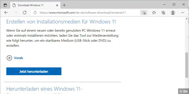 Installationsdateien besorgen: Die ISO-Datei für die Windows-11-Installation lädt man über das Microsoft Media Creation Tool oder direkt über die Webseite herunter.