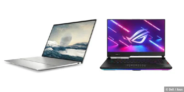 Vom flachen Business-Notebook bis zum leistungsstarken Gaming-Laptop: Zahlreiche Hersteller wie Dell (links) und Asus statten ihre aktuellen Modelle mit einer Alder-Lake-CPU aus.