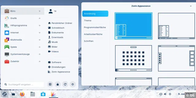 Der Zorin-Desktop und das Startmenü sollen Windows-Nutzer zum Umstieg motivieren. Bei Bedarf lässt sich auch ein Design wie bei Windows 11 einstellen (nur Pro-Edition)